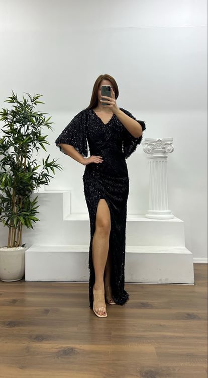 Black Knot Detailed Pipe Beaded Plus Size Evening Dress