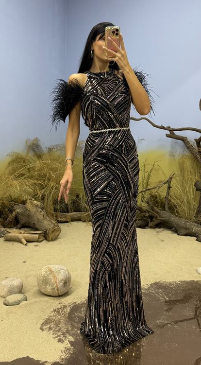 Siyah Tüy Detay İşlemeli Abiye Elbise