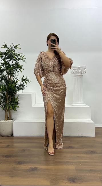 Gold Knot Detailed Pipe Beaded Plus Size Evening Dress