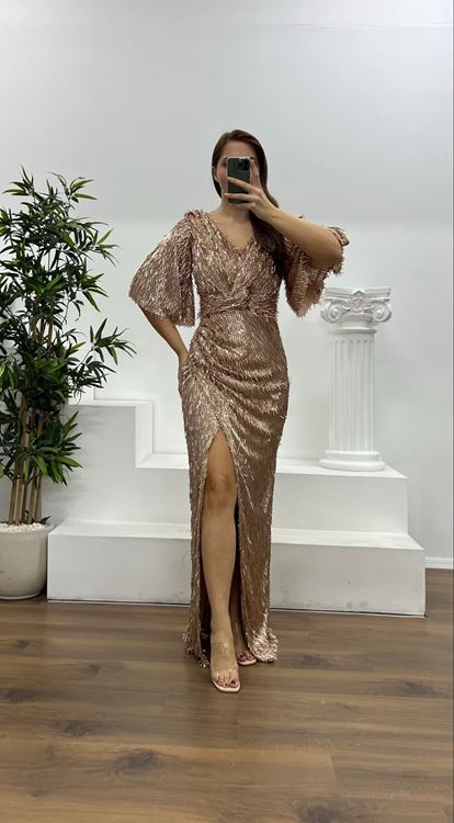 Gold Knot Detailed Pipe Beaded Plus Size Evening Dress