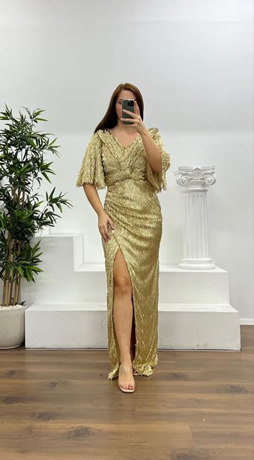 Bone Knot Detailed Pipe Beaded Plus Size Evening Dress