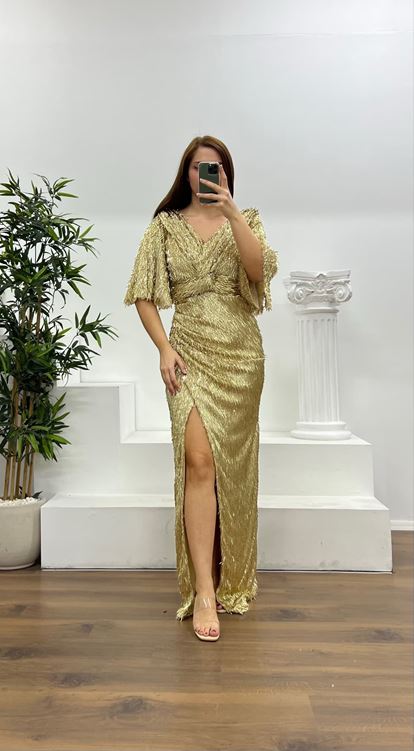 Bone Knot Detailed Pipe Beaded Plus Size Evening Dress