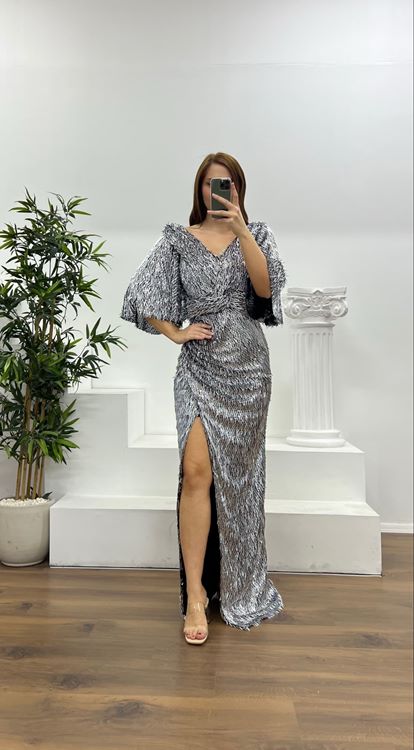 Anthracite Knot Detailed Pipe Bead Plus Size Evening Dress