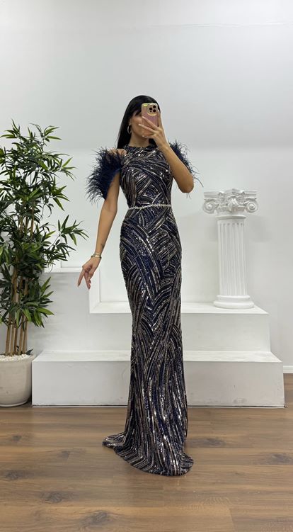 Navy Blue Feather Detailed Embroidered Evening Dress