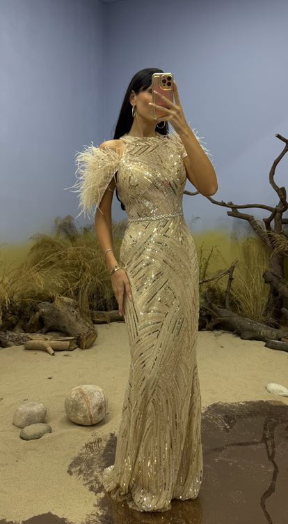 Bej Tüy Detay İşlemeli Abiye Elbise