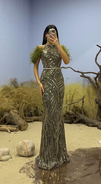 Khaki Feather Detailed Embroidered Evening Dress
