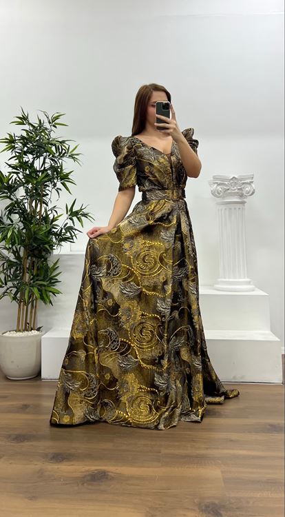 Siyah Dokuma Desenli Kemerli Kısa Kollu Büyük Beden Abiye Elbise