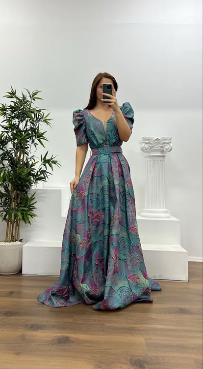 İndigo Dokuma Desenli Kemerli Kısa Kollu Büyük Beden Abiye Elbise