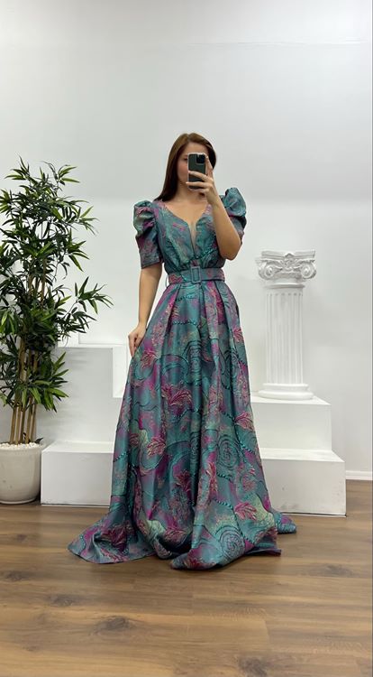 İndigo Dokuma Desenli Kemerli Kısa Kollu Büyük Beden Abiye Elbise