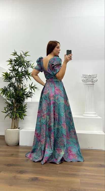 İndigo Dokuma Desenli Kemerli Kısa Kollu Büyük Beden Abiye Elbise