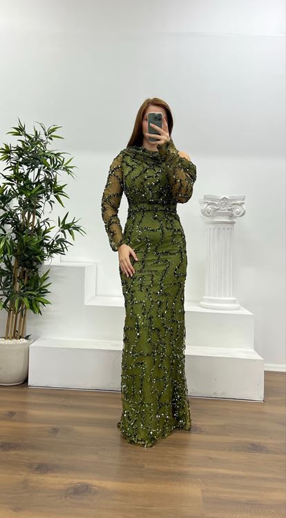 Haki Asimetrik Yaka İşlemeli Büyük Beden Abiye Elbise