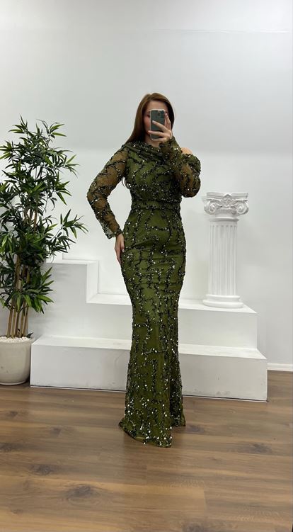 Haki Asimetrik Yaka İşlemeli Büyük Beden Abiye Elbise