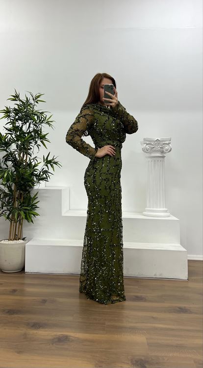 Haki Asimetrik Yaka İşlemeli Büyük Beden Abiye Elbise