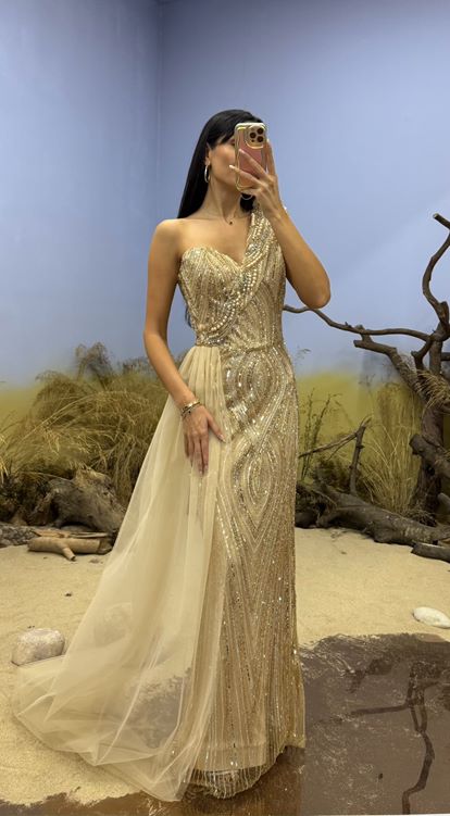 Bej Tek Omuz Boncuk İşlemeli Uzun Abiye Elbise