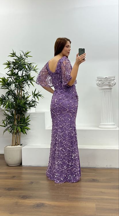 Lila Dökümlü Boncuk İşlemeli Büyük Beden Abiye Elbise