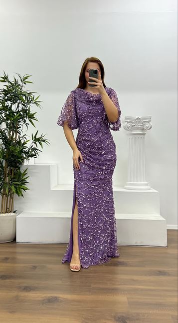 Lila Dökümlü Boncuk İşlemeli Büyük Beden Abiye Elbise