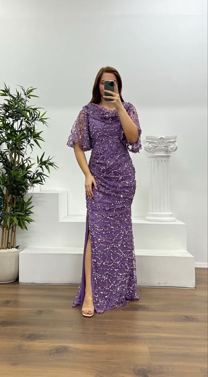 Lila Dökümlü Boncuk İşlemeli Büyük Beden Abiye Elbise