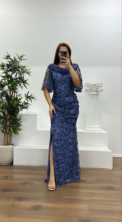 İndigo Dökümlü Boncuk İşlemeli Büyük Beden Abiye Elbise