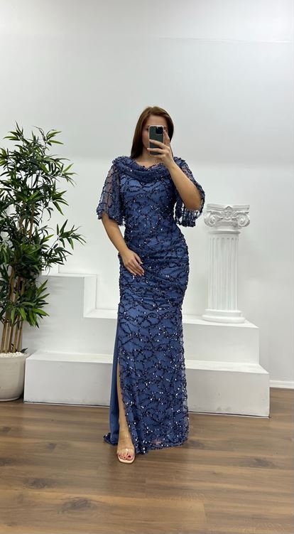 İndigo Dökümlü Boncuk İşlemeli Büyük Beden Abiye Elbise