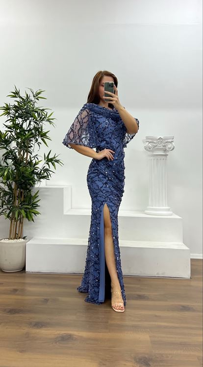 İndigo Dökümlü Boncuk İşlemeli Büyük Beden Abiye Elbise