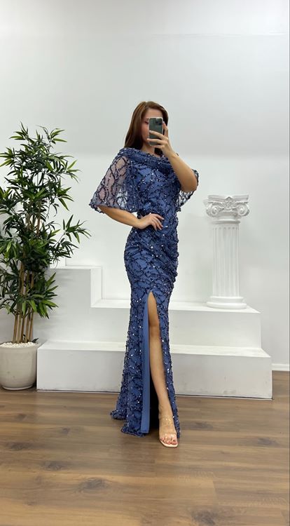 İndigo Dökümlü Boncuk İşlemeli Büyük Beden Abiye Elbise