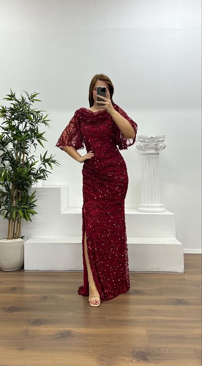 Bordo Dökümlü Boncuk İşlemeli Büyük Beden Abiye Elbise