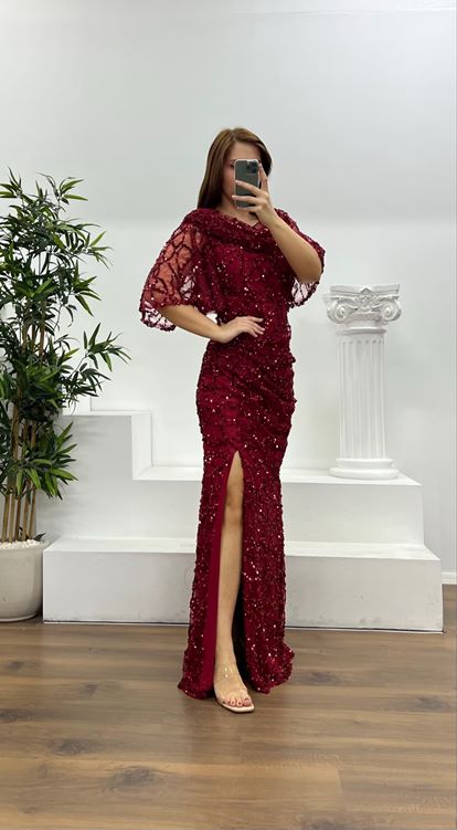 Bordo Dökümlü Boncuk İşlemeli Büyük Beden Abiye Elbise