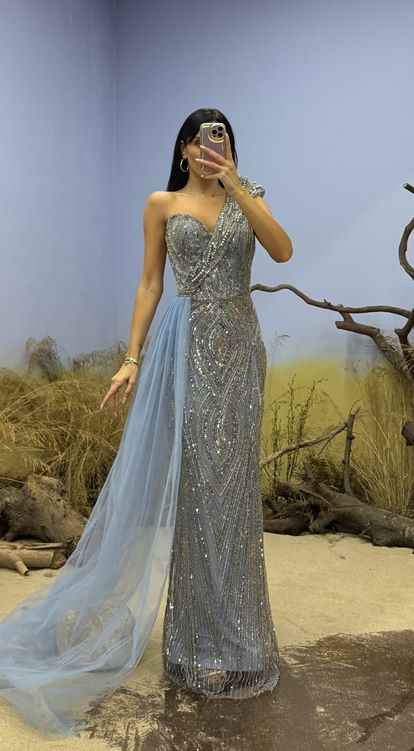 İndigo Tek Omuz Boncuk İşlemeli Uzun Abiye Elbise