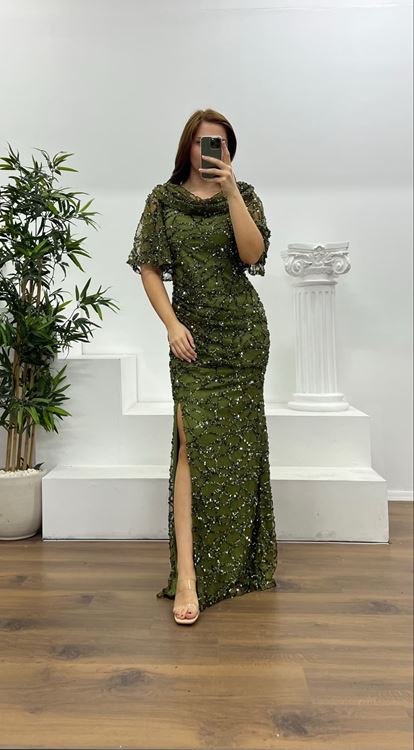 Haki Dökümlü Boncuk İşlemeli Büyük Beden Abiye Elbise