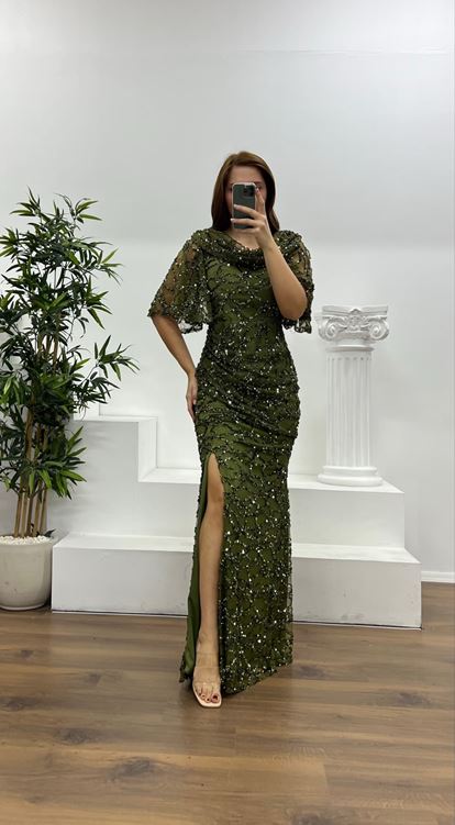 Haki Dökümlü Boncuk İşlemeli Büyük Beden Abiye Elbise