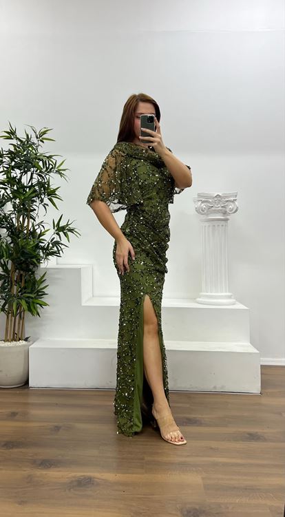 Haki Dökümlü Boncuk İşlemeli Büyük Beden Abiye Elbise