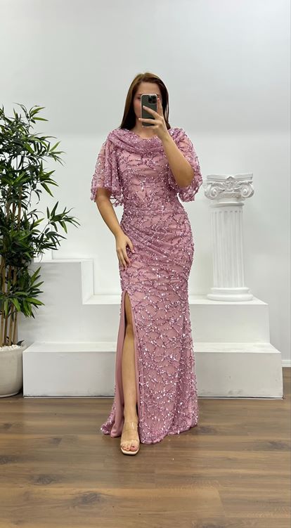 Pudra Dökümlü Boncuk İşlemeli Büyük Beden Abiye Elbise