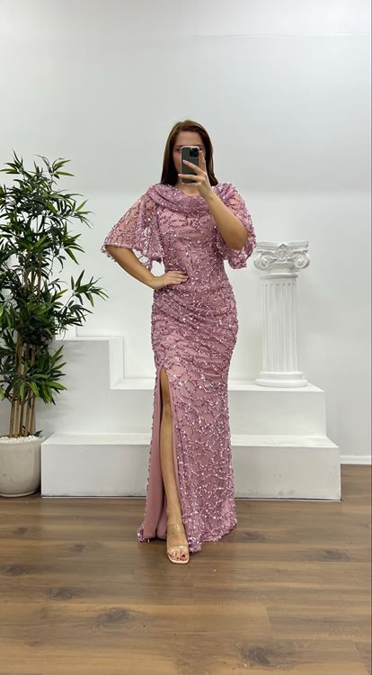 Pudra Dökümlü Boncuk İşlemeli Büyük Beden Abiye Elbise