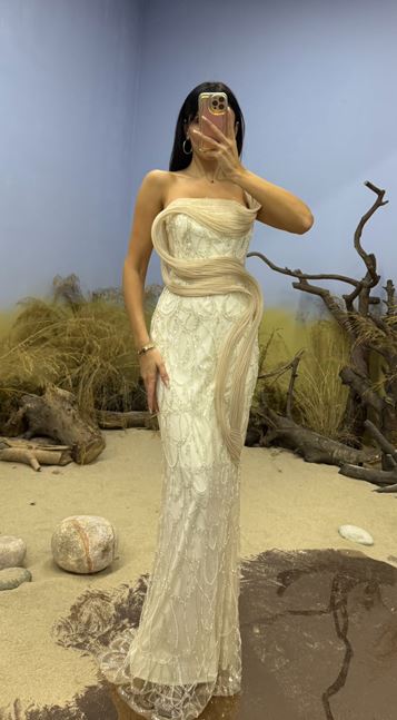 Ecru Embroidered Stripe Detailed Long Evening Dress