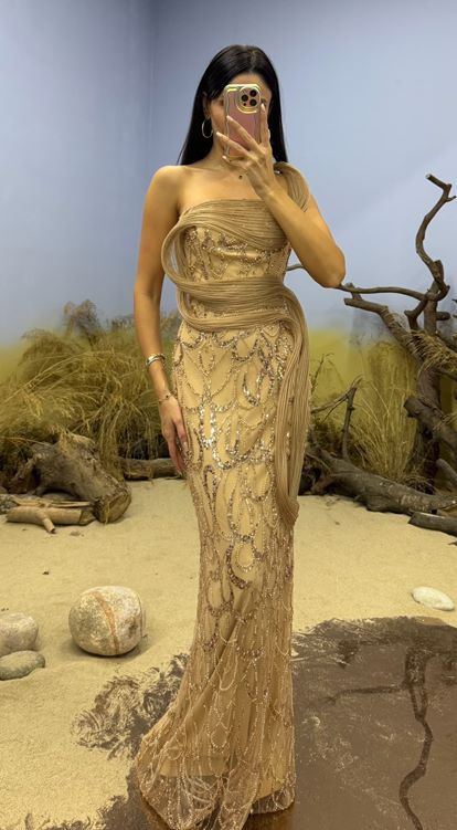 Gold İşlemeli Şerit Detaylı Uzun Abiye Elbise