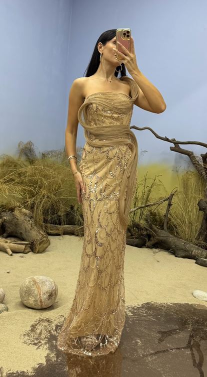 Gold İşlemeli Şerit Detaylı Uzun Abiye Elbise