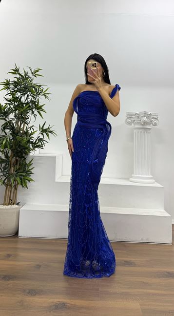 Long Evening Dress with Saxe Embroidered Stripe Detail