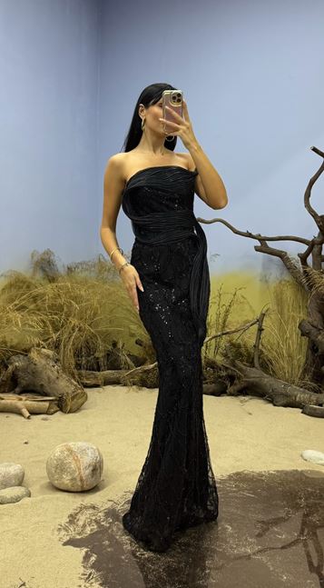 Black Embroidered Stripe Detailed Long Evening Dress