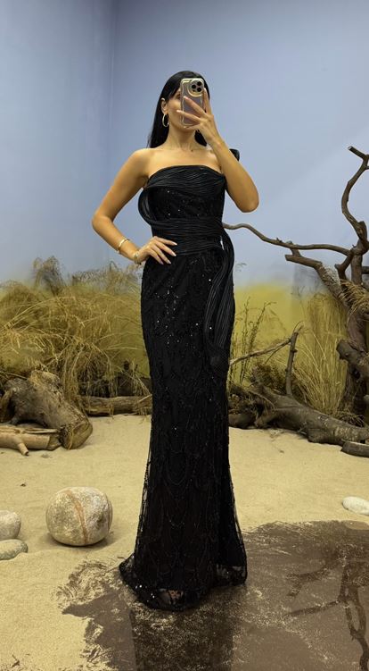 Siyah İşlemeli Şerit Detaylı Uzun Abiye Elbise