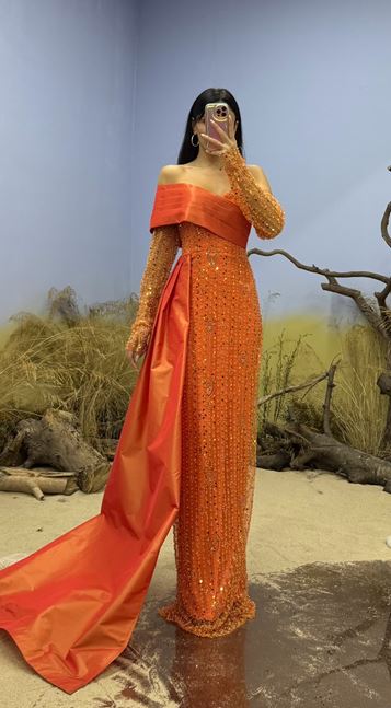 Abito da sera ricamato con scollo a barca arancione