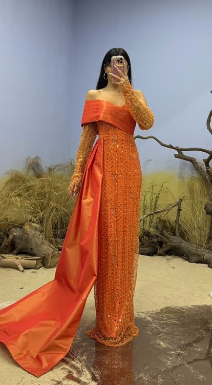 Turuncu Kayık Yaka İşlemeli Abiye Elbise