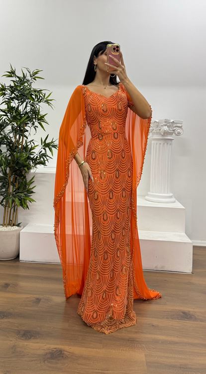 Turuncu İşlemeli Pelerinli  Abiye Elbise