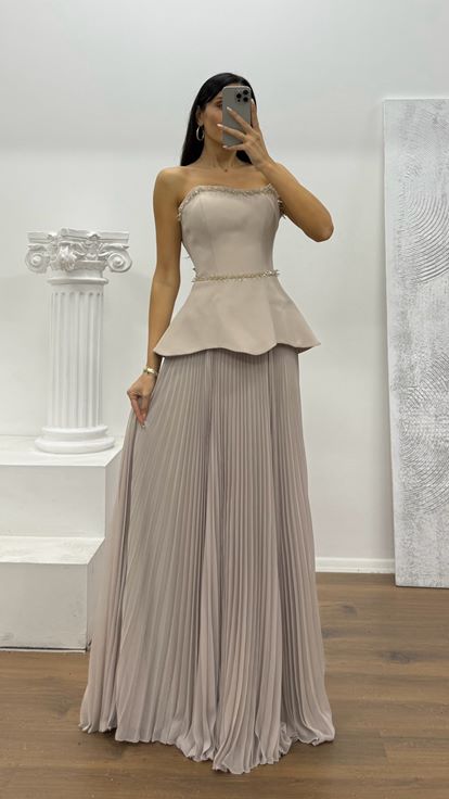 Taş Straplez Piliseli Abiye Elbise