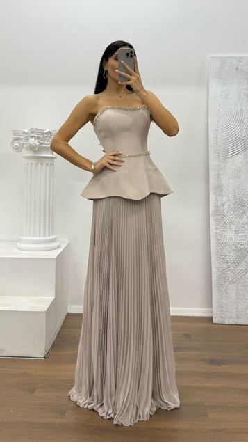 Taş Straplez Piliseli Abiye Elbise