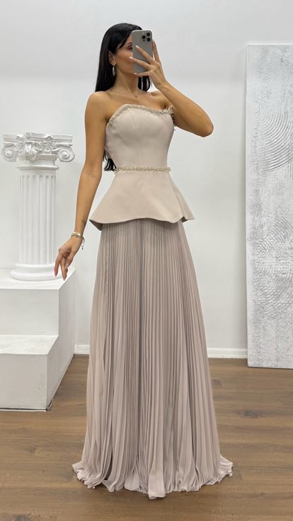 Taş Straplez Piliseli Abiye Elbise