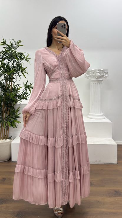 Pudra Kat Kat Şifon Abiye Elbise