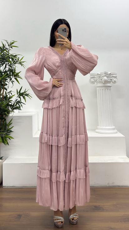 Pudra Kat Kat Şifon Abiye Elbise