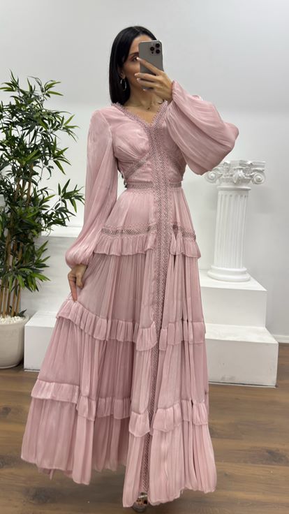 Pudra Kat Kat Şifon Abiye Elbise