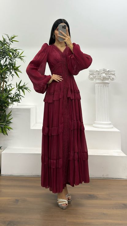 Bordo Kat Kat Şifon Abiye Elbise