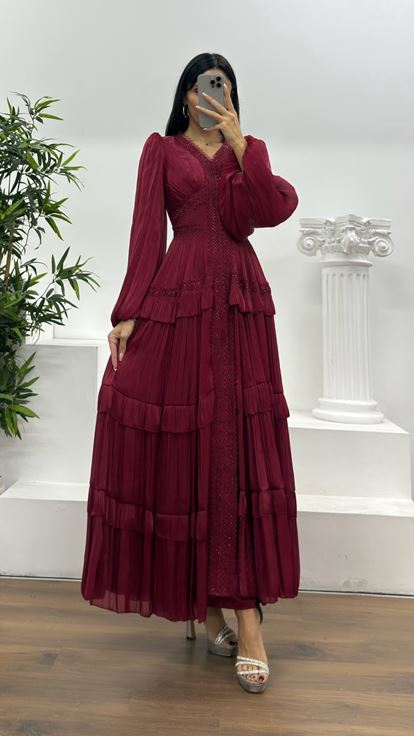 Bordo Kat Kat Şifon Abiye Elbise